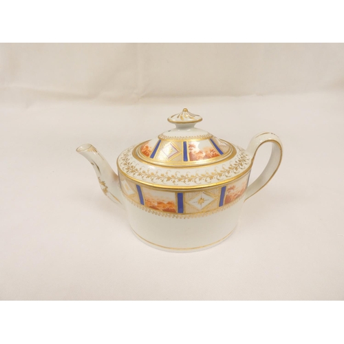 8 - New Hall teapot, well painted and gilt in pattern 435 with iron-red landscape panels, old oval shape... 