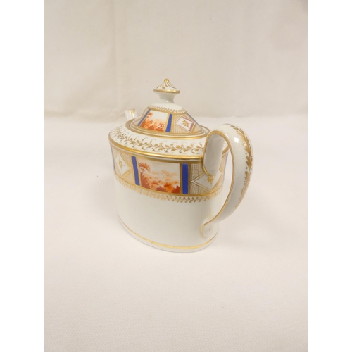 8 - New Hall teapot, well painted and gilt in pattern 435 with iron-red landscape panels, old oval shape... 