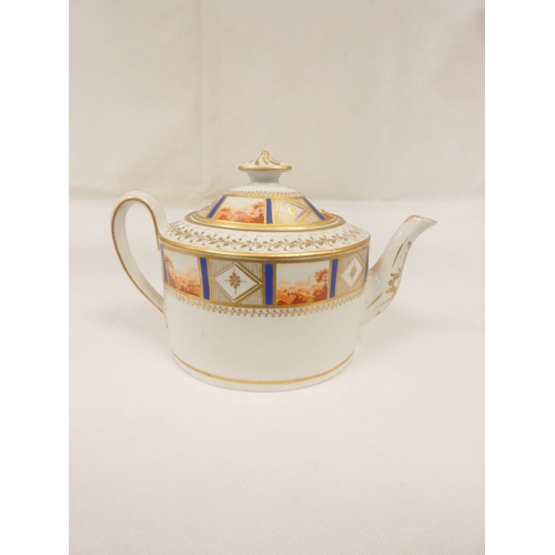 8 - New Hall teapot, well painted and gilt in pattern 435 with iron-red landscape panels, old oval shape... 