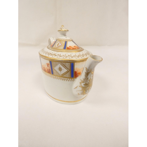 8 - New Hall teapot, well painted and gilt in pattern 435 with iron-red landscape panels, old oval shape... 