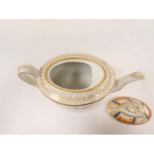 8 - New Hall teapot, well painted and gilt in pattern 435 with iron-red landscape panels, old oval shape... 