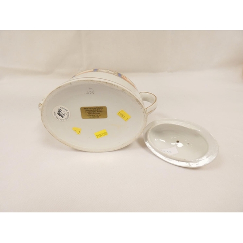 8 - New Hall teapot, well painted and gilt in pattern 435 with iron-red landscape panels, old oval shape... 