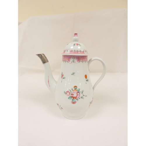 10 - New Hall coffee pot decorated with floral sprays and pink hatched border (pattern 173), of baluster ... 