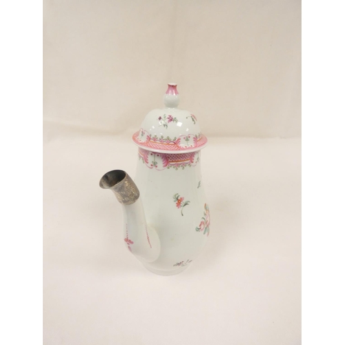 10 - New Hall coffee pot decorated with floral sprays and pink hatched border (pattern 173), of baluster ... 