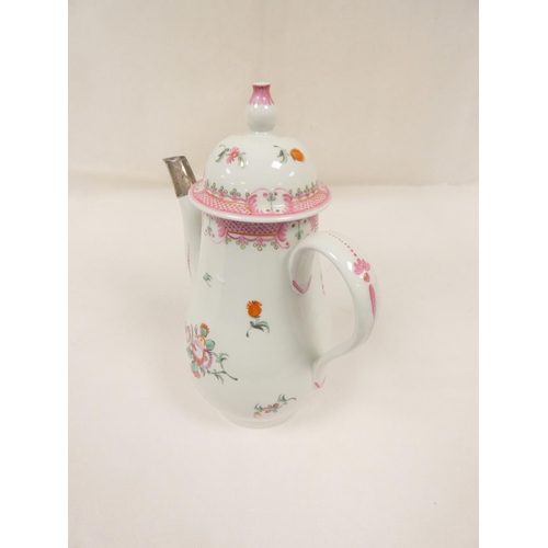 10 - New Hall coffee pot decorated with floral sprays and pink hatched border (pattern 173), of baluster ... 