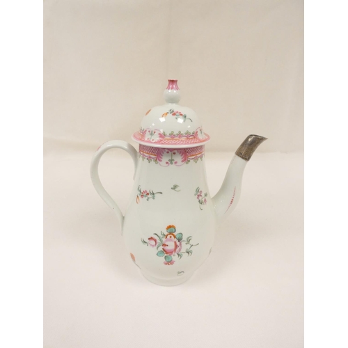 10 - New Hall coffee pot decorated with floral sprays and pink hatched border (pattern 173), of baluster ... 