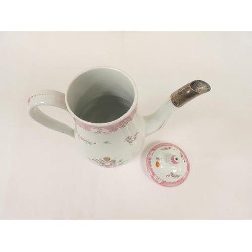 10 - New Hall coffee pot decorated with floral sprays and pink hatched border (pattern 173), of baluster ... 