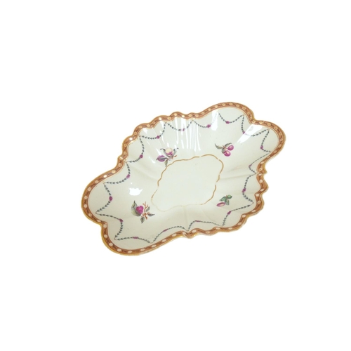 12 - New Hall dessert dish decorated with fruit sprays surrounded by leaf and flower swags, pale red bord... 