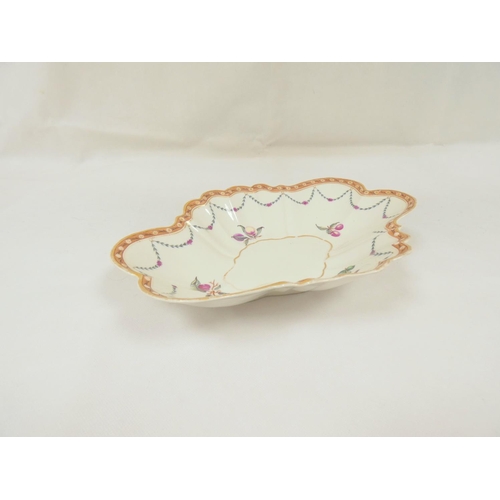 12 - New Hall dessert dish decorated with fruit sprays surrounded by leaf and flower swags, pale red bord... 