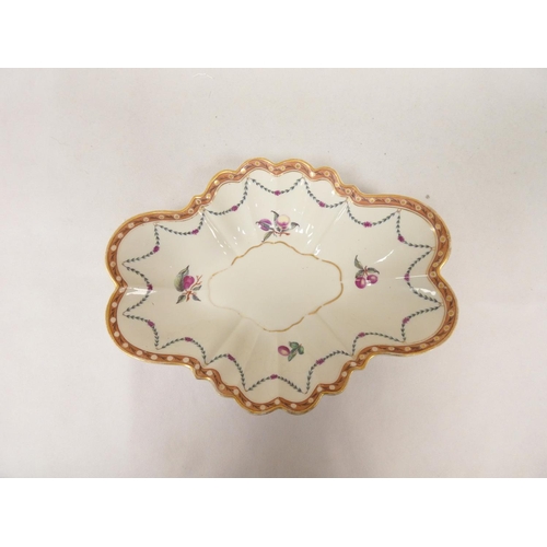 12 - New Hall dessert dish decorated with fruit sprays surrounded by leaf and flower swags, pale red bord... 