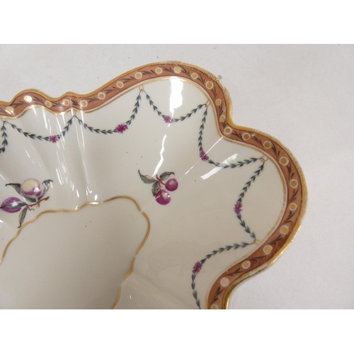 12 - New Hall dessert dish decorated with fruit sprays surrounded by leaf and flower swags, pale red bord... 