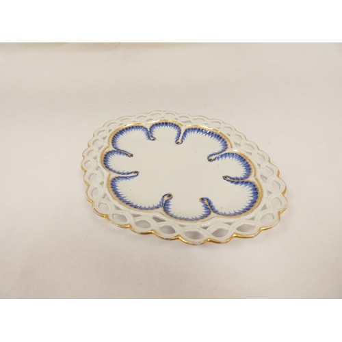 13 - Rare New Hall shallow dessert dish decorated in blue and gold, of lobed oval form with shell mouldin... 