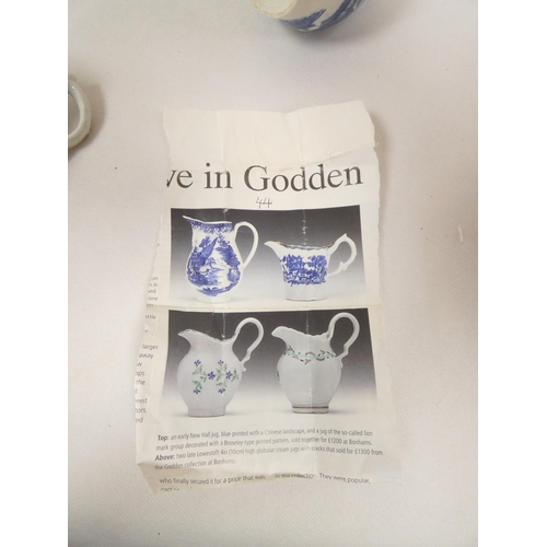 19 - Enoch Wood milk jug of baluster form, blue printed in 