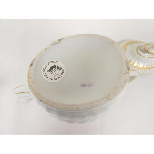 21 - New Hall teapot of silver shape with reeded body and semi-wide loop handle, with matching stand. Pat... 