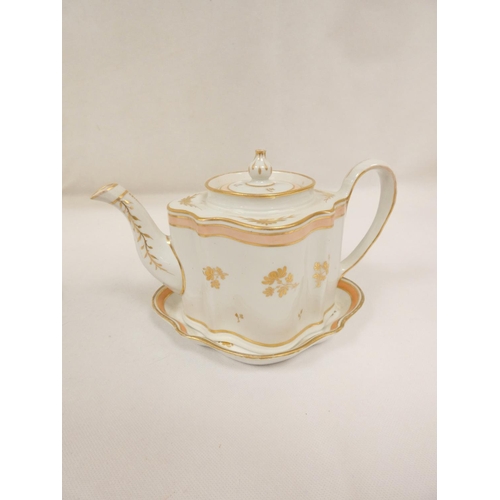 21 - New Hall teapot of silver shape with reeded body and semi-wide loop handle, with matching stand. Pat... 