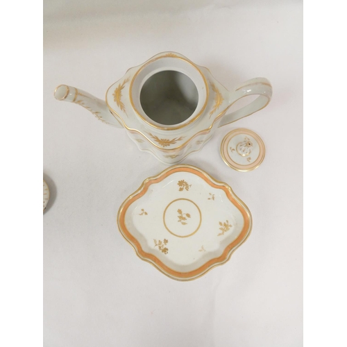 21 - New Hall teapot of silver shape with reeded body and semi-wide loop handle, with matching stand. Pat... 