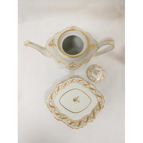 21 - New Hall teapot of silver shape with reeded body and semi-wide loop handle, with matching stand. Pat... 