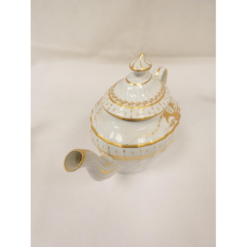 21 - New Hall teapot of silver shape with reeded body and semi-wide loop handle, with matching stand. Pat... 