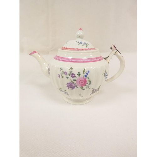 24 - Very rare New Hall teapot of corrugated urn shape, curved spout with leaf moulding (chipped) and D s... 