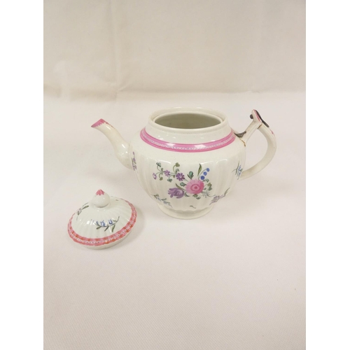 24 - Very rare New Hall teapot of corrugated urn shape, curved spout with leaf moulding (chipped) and D s... 