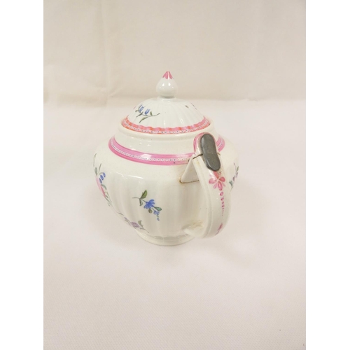 24 - Very rare New Hall teapot of corrugated urn shape, curved spout with leaf moulding (chipped) and D s... 
