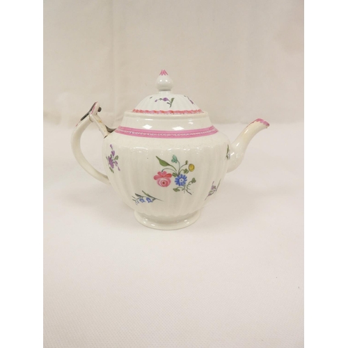 24 - Very rare New Hall teapot of corrugated urn shape, curved spout with leaf moulding (chipped) and D s... 