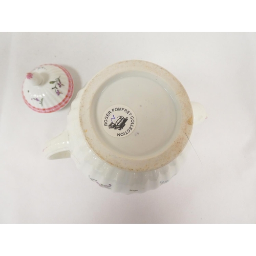 24 - Very rare New Hall teapot of corrugated urn shape, curved spout with leaf moulding (chipped) and D s... 