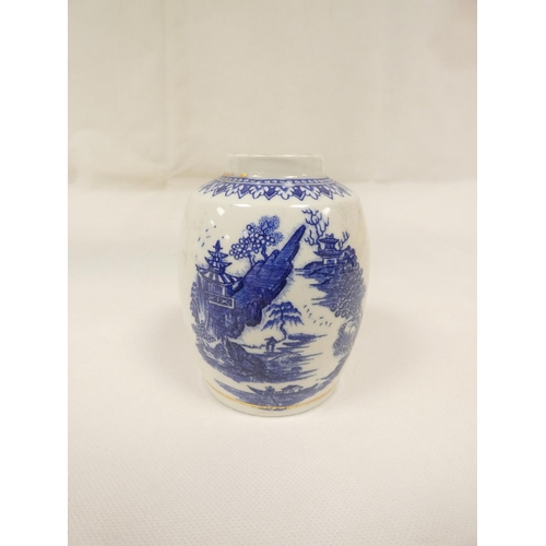 27 - New Hall or Enoch Wood tea canister of barrel shape, printed in blue with both dark and light rock v... 