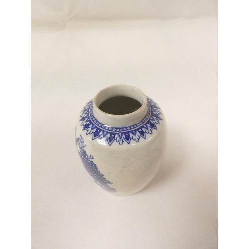 27 - New Hall or Enoch Wood tea canister of barrel shape, printed in blue with both dark and light rock v... 