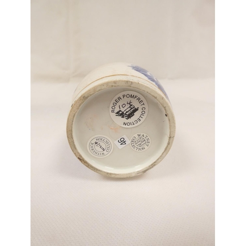 27 - New Hall or Enoch Wood tea canister of barrel shape, printed in blue with both dark and light rock v... 