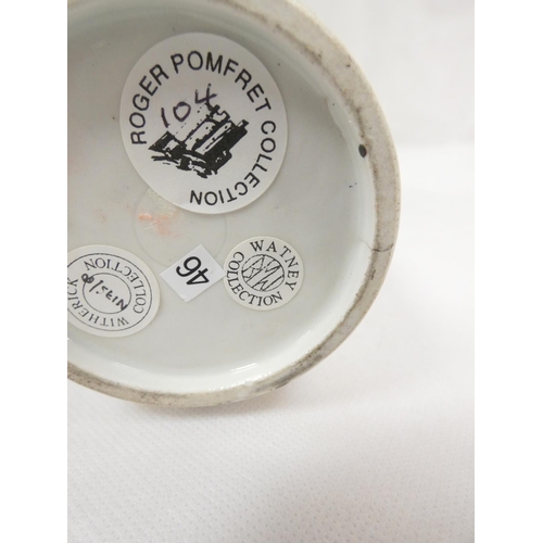 27 - New Hall or Enoch Wood tea canister of barrel shape, printed in blue with both dark and light rock v... 