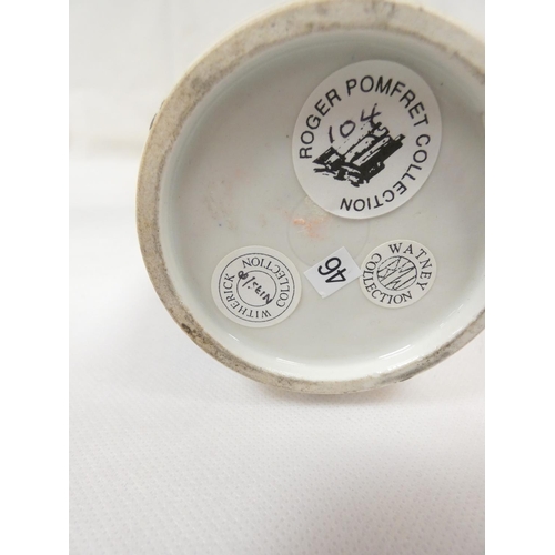 27 - New Hall or Enoch Wood tea canister of barrel shape, printed in blue with both dark and light rock v... 