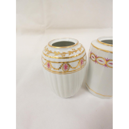 28 - New Hall tea canister of rare vase shape, pattern 52 in gilt; also another of reeded barrel form, pa... 