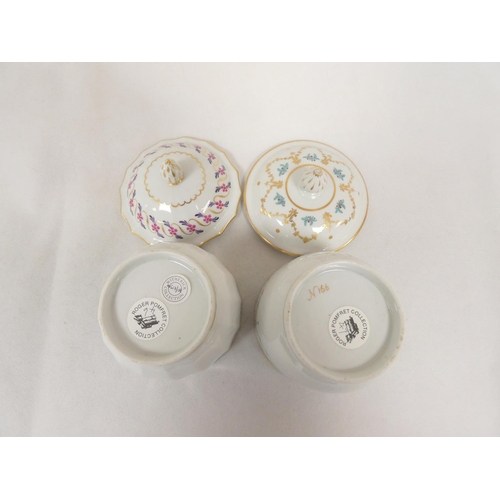 30 - New Hall sugar box and cover of faceted form, pine cone finial, pattern 90 in puce, purple and gilt,... 