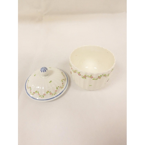 31 - Factory unknown, sugar box of reeded form in a version of New Hall pattern 191, trailing flowers and... 