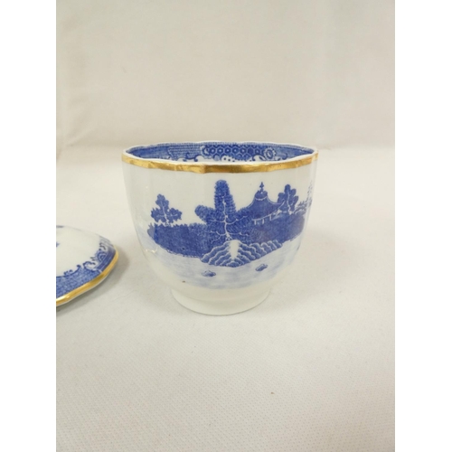 32 - Very rare New Hall sugar box and cover of plain form with flat moulded floral spray finial, blue pri... 