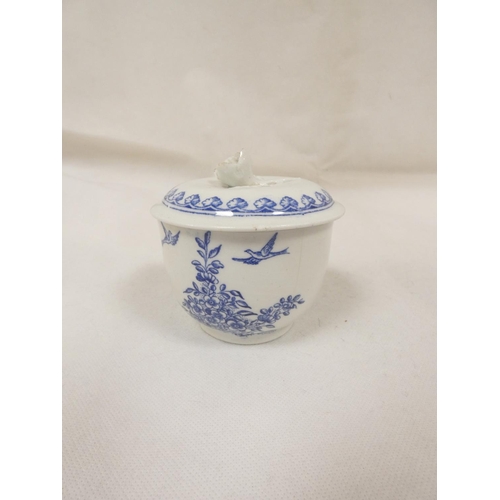 32 - Very rare New Hall sugar box and cover of plain form with flat moulded floral spray finial, blue pri... 
