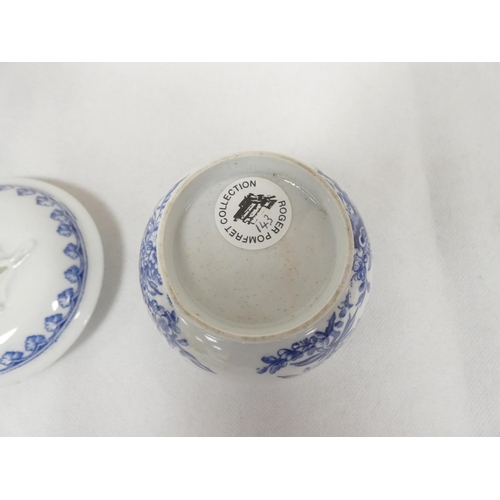 32 - Very rare New Hall sugar box and cover of plain form with flat moulded floral spray finial, blue pri... 