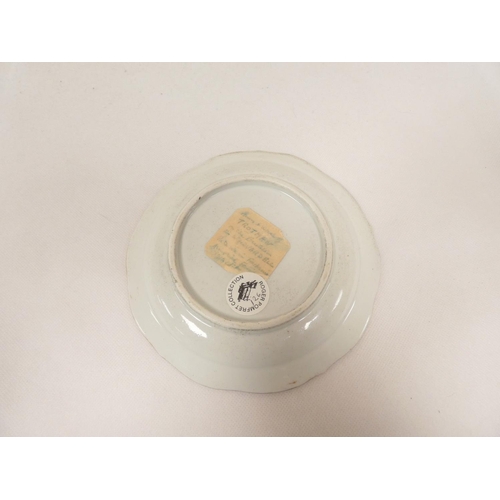 33 - Very rare New Hall armorial stand or shallow dish, lobed rim and pinch and pleat moulding, central a... 