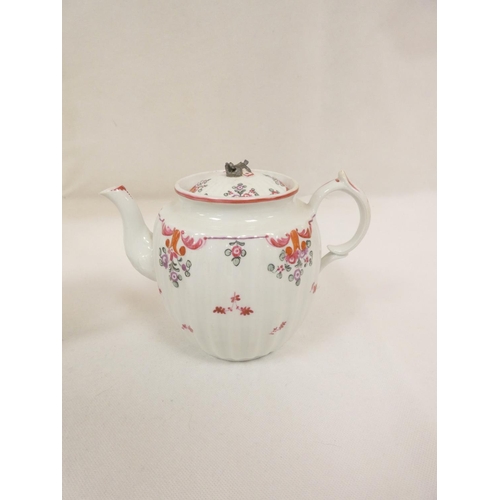 35 - Large New Hall teapot of corrugated barrel form, double scroll handle, curved spout with leaf mouldi... 