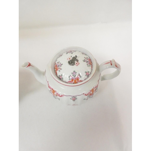 35 - Large New Hall teapot of corrugated barrel form, double scroll handle, curved spout with leaf mouldi... 