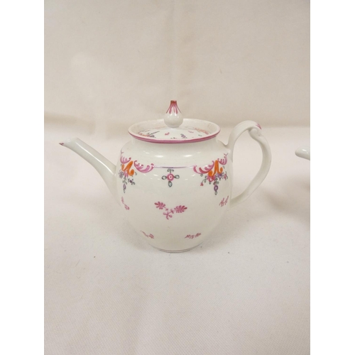 35 - Large New Hall teapot of corrugated barrel form, double scroll handle, curved spout with leaf mouldi... 