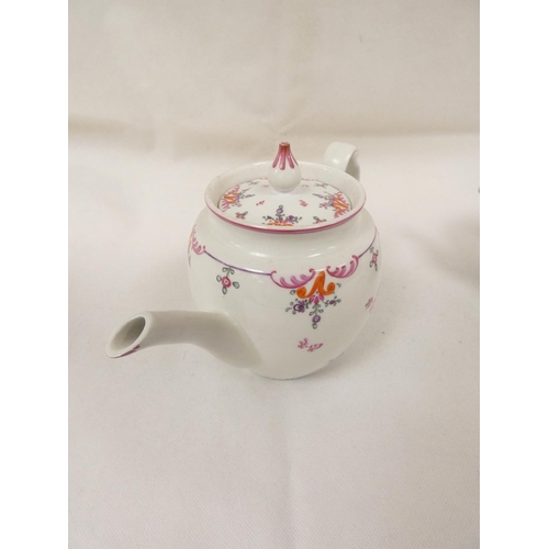 35 - Large New Hall teapot of corrugated barrel form, double scroll handle, curved spout with leaf mouldi... 