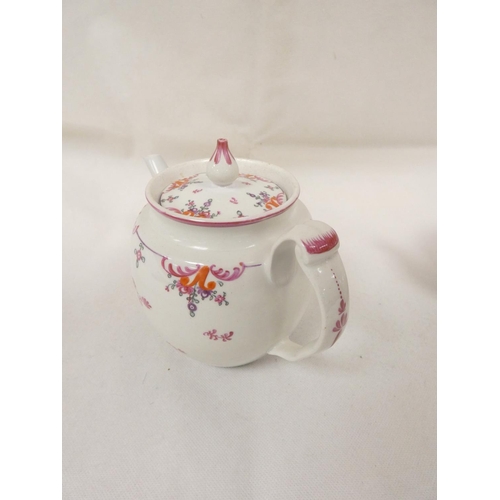 35 - Large New Hall teapot of corrugated barrel form, double scroll handle, curved spout with leaf mouldi... 