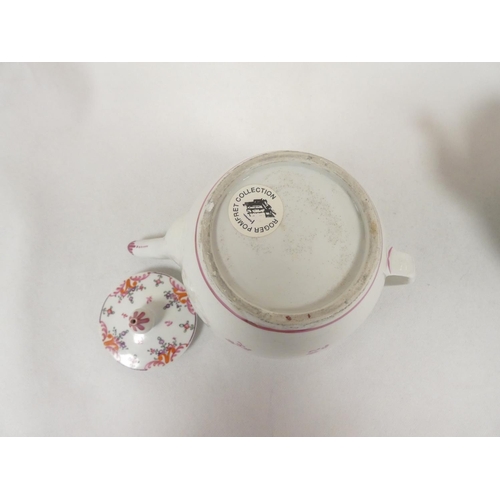 35 - Large New Hall teapot of corrugated barrel form, double scroll handle, curved spout with leaf mouldi... 