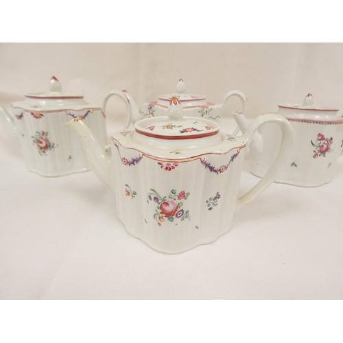 36 - New Hall graduated near pair of reeded silver shape teapots, curved spouts, pattern 139, swags and f... 