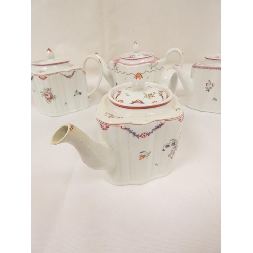 36 - New Hall graduated near pair of reeded silver shape teapots, curved spouts, pattern 139, swags and f... 