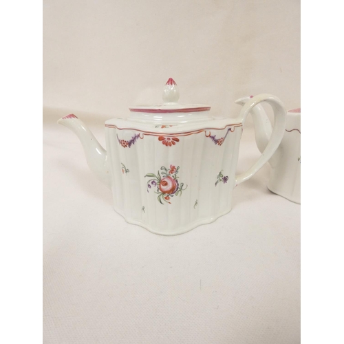 36 - New Hall graduated near pair of reeded silver shape teapots, curved spouts, pattern 139, swags and f... 