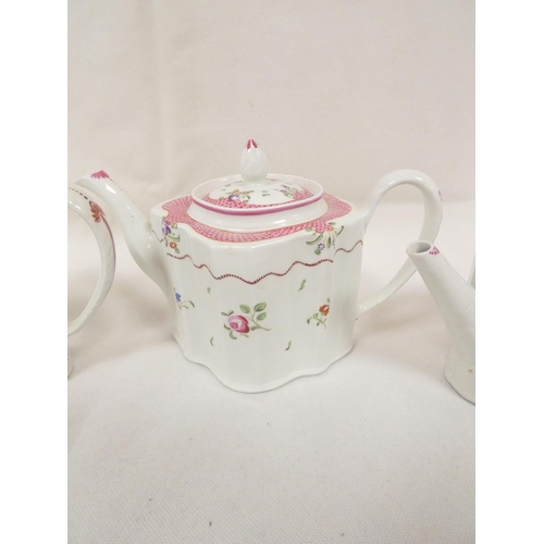 36 - New Hall graduated near pair of reeded silver shape teapots, curved spouts, pattern 139, swags and f... 