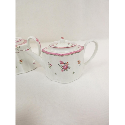 36 - New Hall graduated near pair of reeded silver shape teapots, curved spouts, pattern 139, swags and f... 